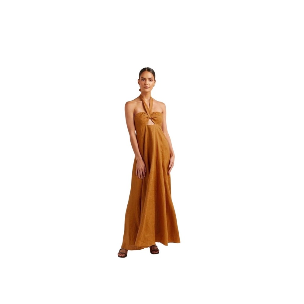 DISSH Linen Maxi Dress Women 12 Ochre Excellent Halter Cutout Smocked Back